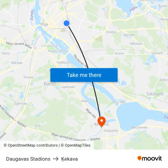 Daugavas Stadions to Ķekava map
