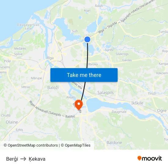 Berģi to Ķekava map