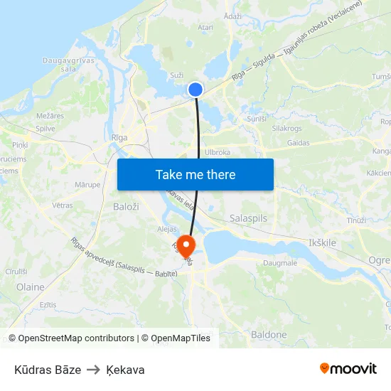 Kūdras Bāze to Ķekava map