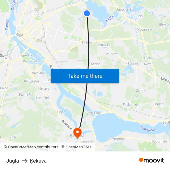 Jugla to Ķekava map