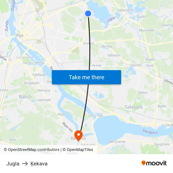 Jugla to Ķekava map