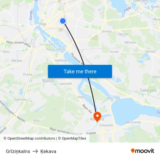 Grīziņkalns to Ķekava map