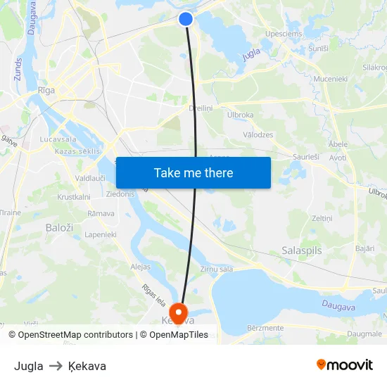 Jugla to Ķekava map