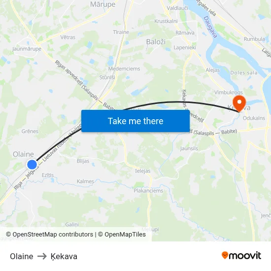 Olaine to Ķekava map