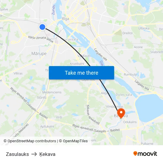 Zasulauks to Ķekava map