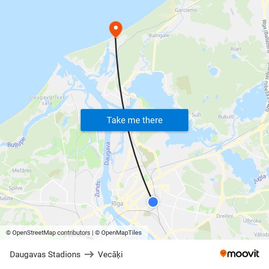Daugavas Stadions to Vecāķi map