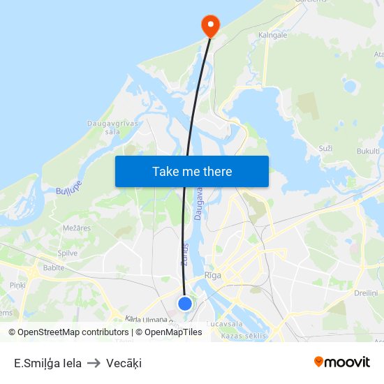 E.Smiļģa Iela to Vecāķi map
