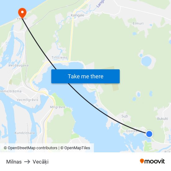 Milnas to Vecāķi map