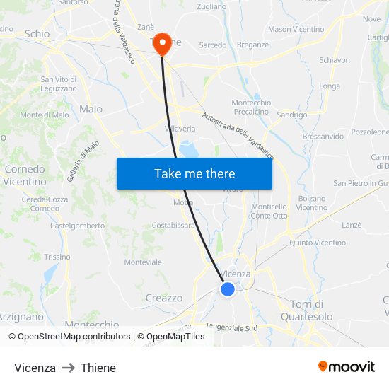 Vicenza to Thiene map
