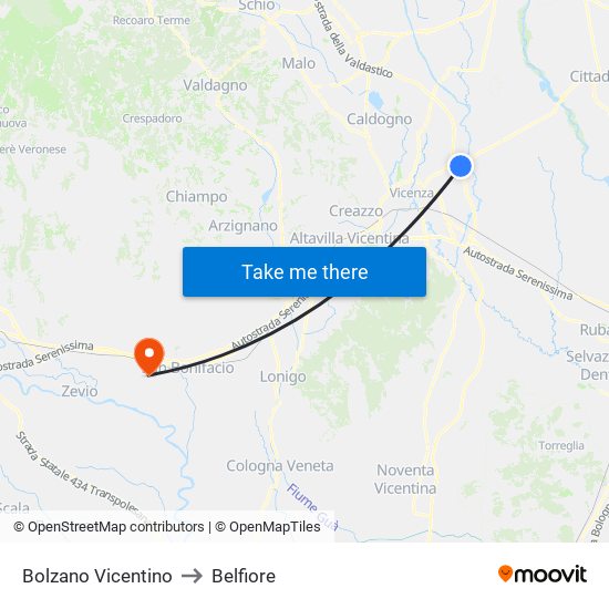 Bolzano Vicentino to Belfiore map