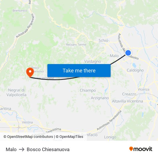 Malo to Bosco Chiesanuova map