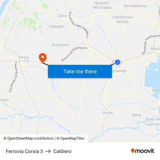 Ferrovia Corsia 3 to Caldiero map