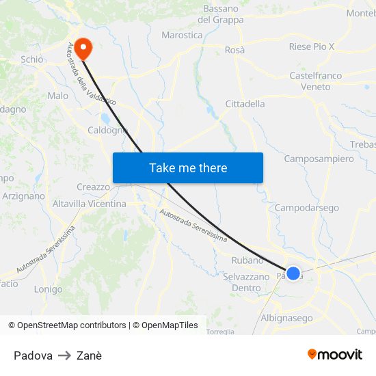 Padova to Zanè map