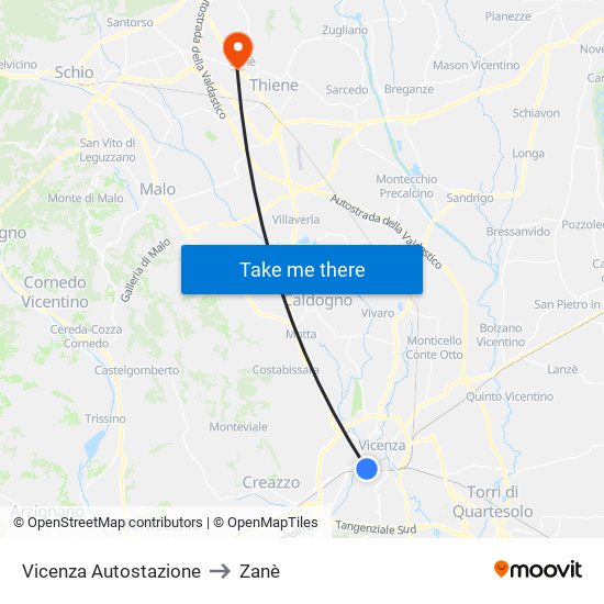 Vicenza Autostazione to Zanè map