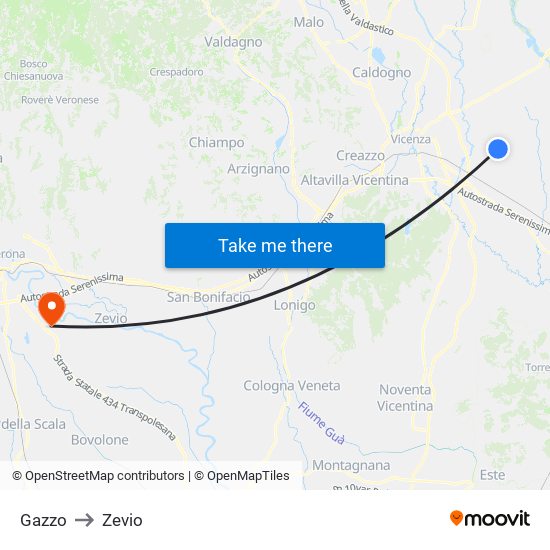 Gazzo to Zevio map