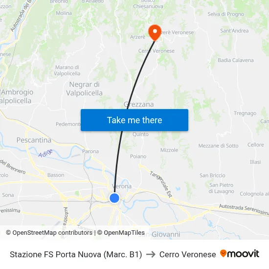 Porta Nuova Railway Station (Platform B1) to Cerro Veronese map