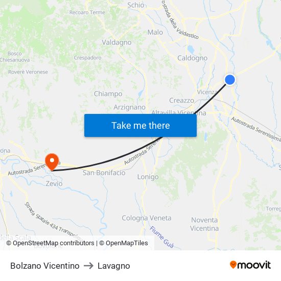 Bolzano Vicentino to Lavagno map