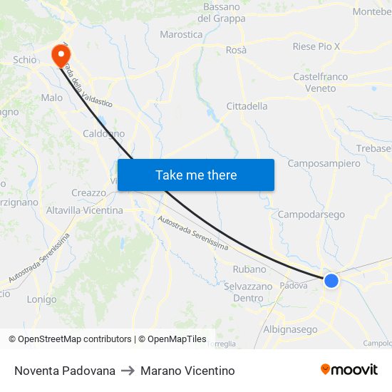 Noventa Padovana to Marano Vicentino map