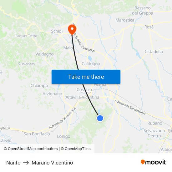 Nanto to Marano Vicentino map