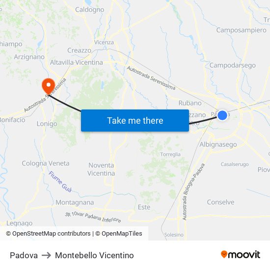 Padova to Montebello Vicentino map