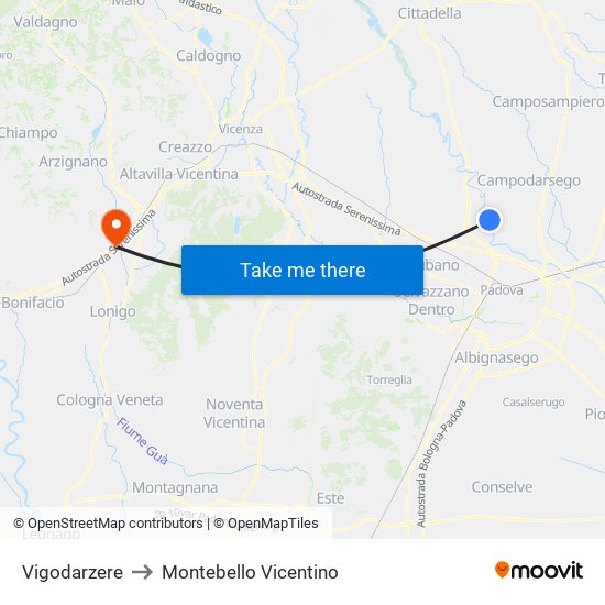 Vigodarzere to Montebello Vicentino map