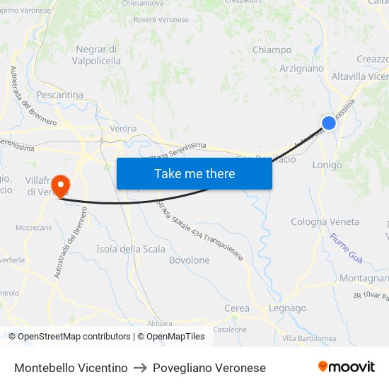 Montebello Vicentino to Povegliano Veronese map