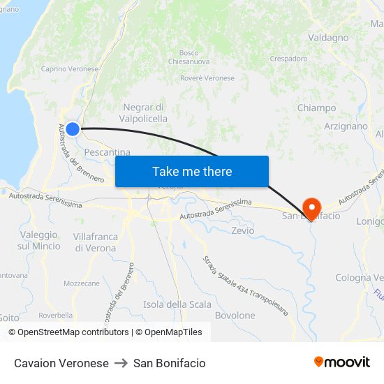 Cavaion Veronese to San Bonifacio map
