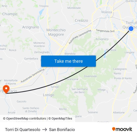 Torri Di Quartesolo to San Bonifacio map
