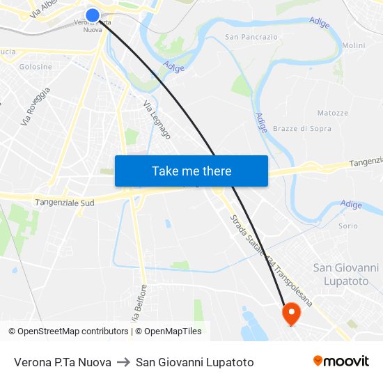 Verona P.Ta Nuova to San Giovanni Lupatoto map