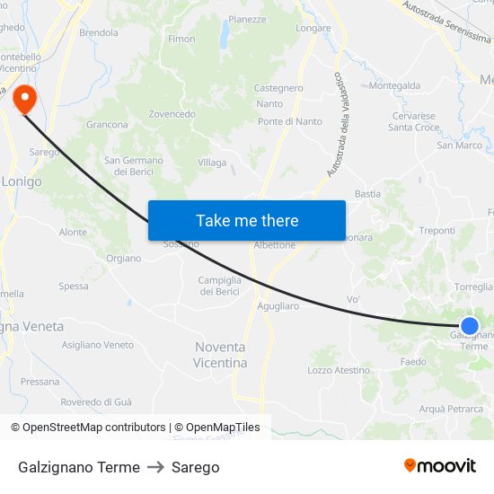 Galzignano Terme to Sarego map