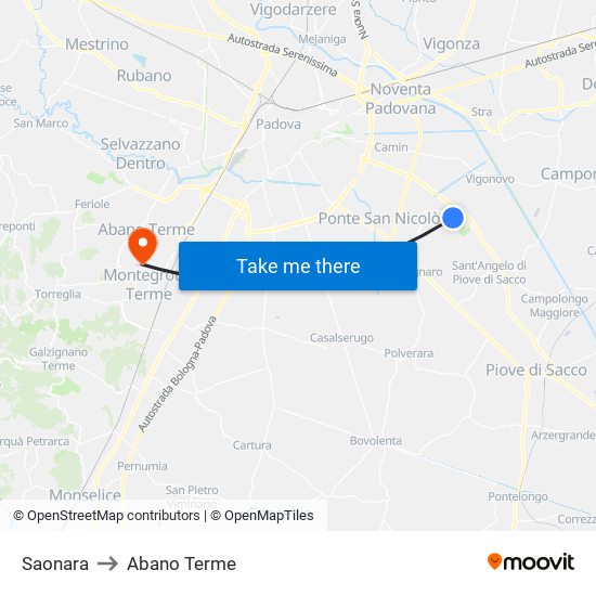 Saonara to Abano Terme map