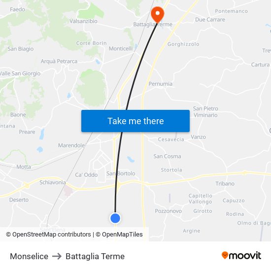 Monselice to Battaglia Terme map