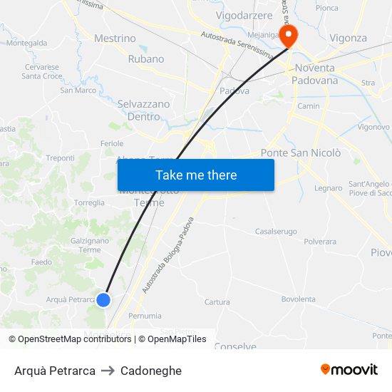 Arquà Petrarca to Cadoneghe map