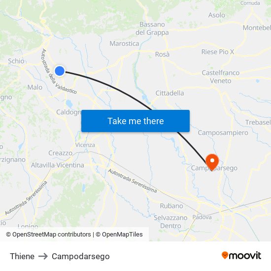 Thiene to Campodarsego map