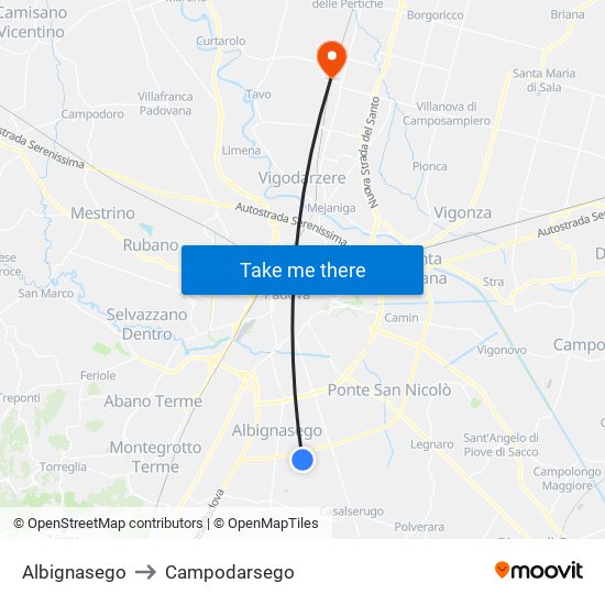Albignasego to Campodarsego map