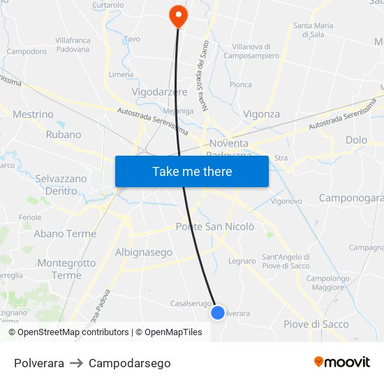 Polverara to Campodarsego map