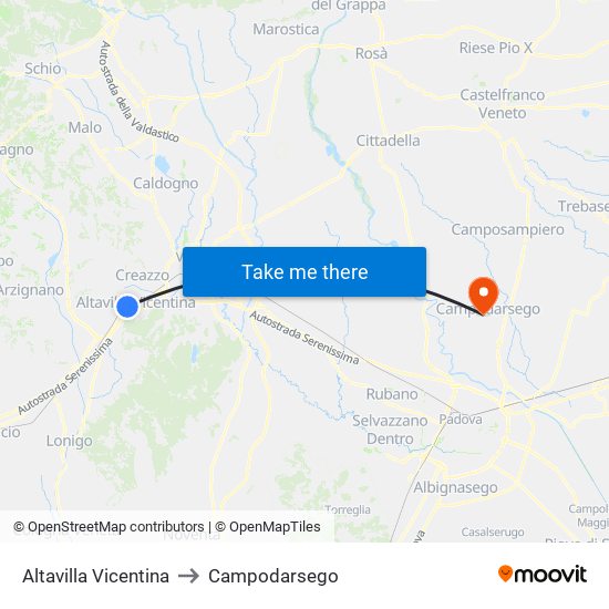 Altavilla Vicentina to Campodarsego map