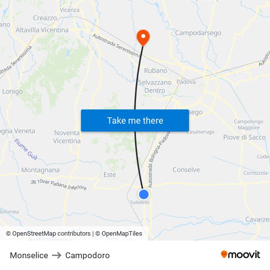 Monselice to Campodoro map