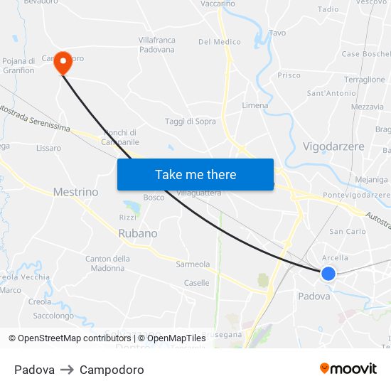 Padova to Campodoro map