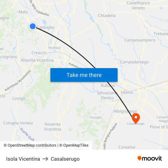 Isola Vicentina to Casalserugo map