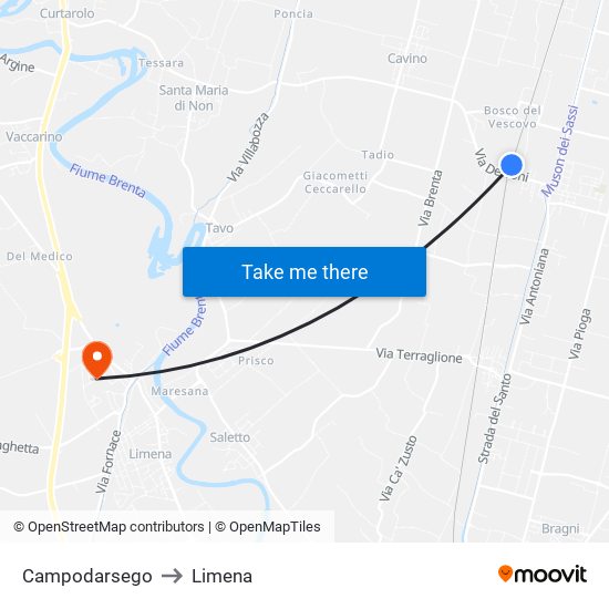 Campodarsego to Limena map