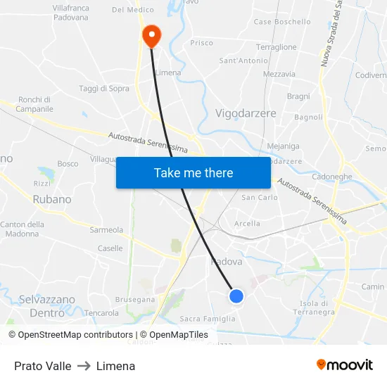 Prato Valle to Limena map