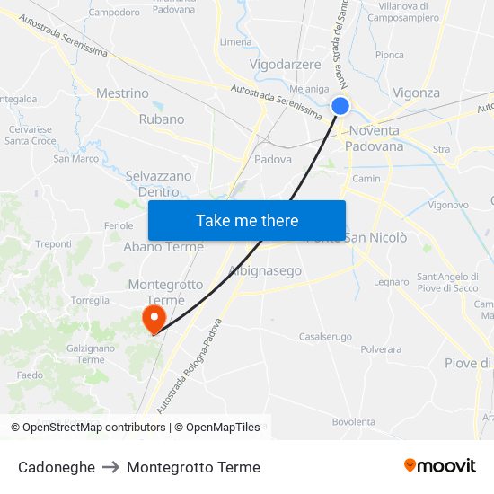 Cadoneghe to Montegrotto Terme map