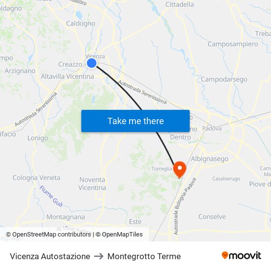 Vicenza Autostazione to Montegrotto Terme map