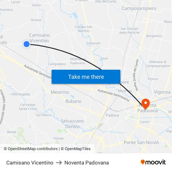 Camisano Vicentino to Noventa Padovana map