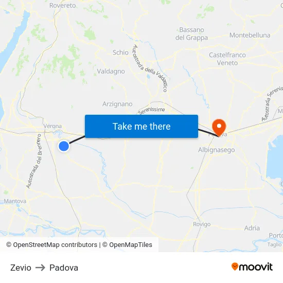 Zevio to Padova map