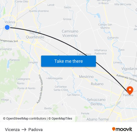 Vicenza to Padova map
