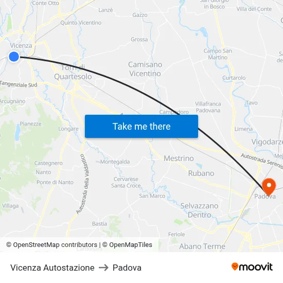 Vicenza Autostazione to Padova map