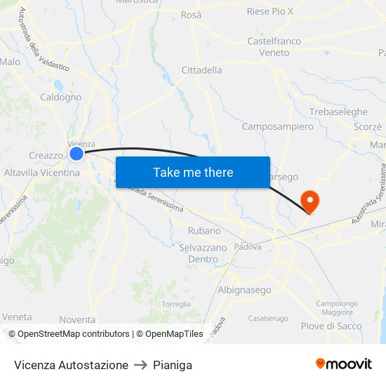 Vicenza Autostazione to Pianiga map