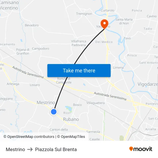 Mestrino to Piazzola Sul Brenta map